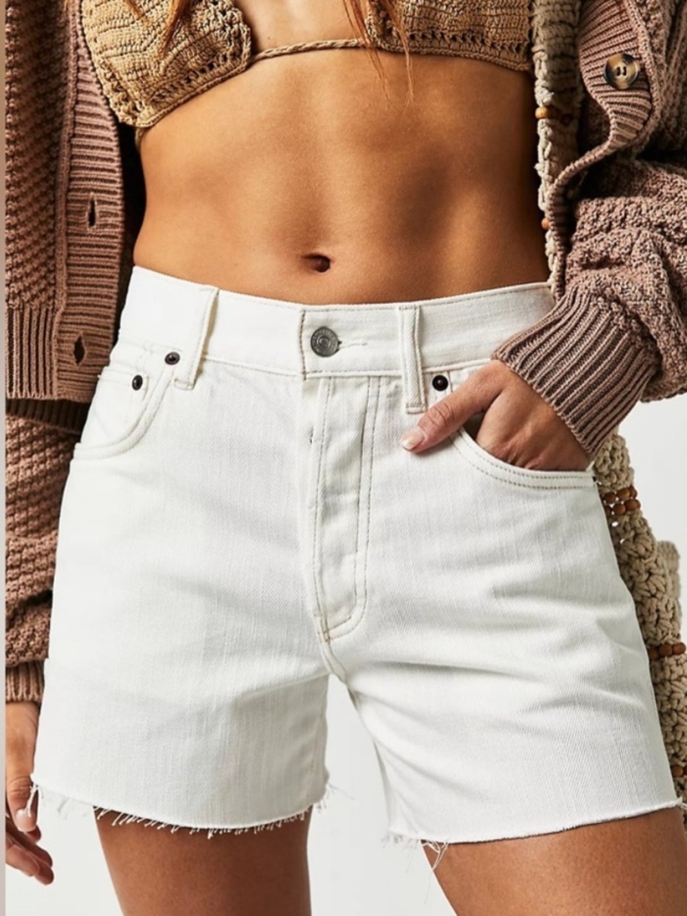 Free People We The Free Ivy Mid Rise Cutoff Denim Shorts in White Size 31